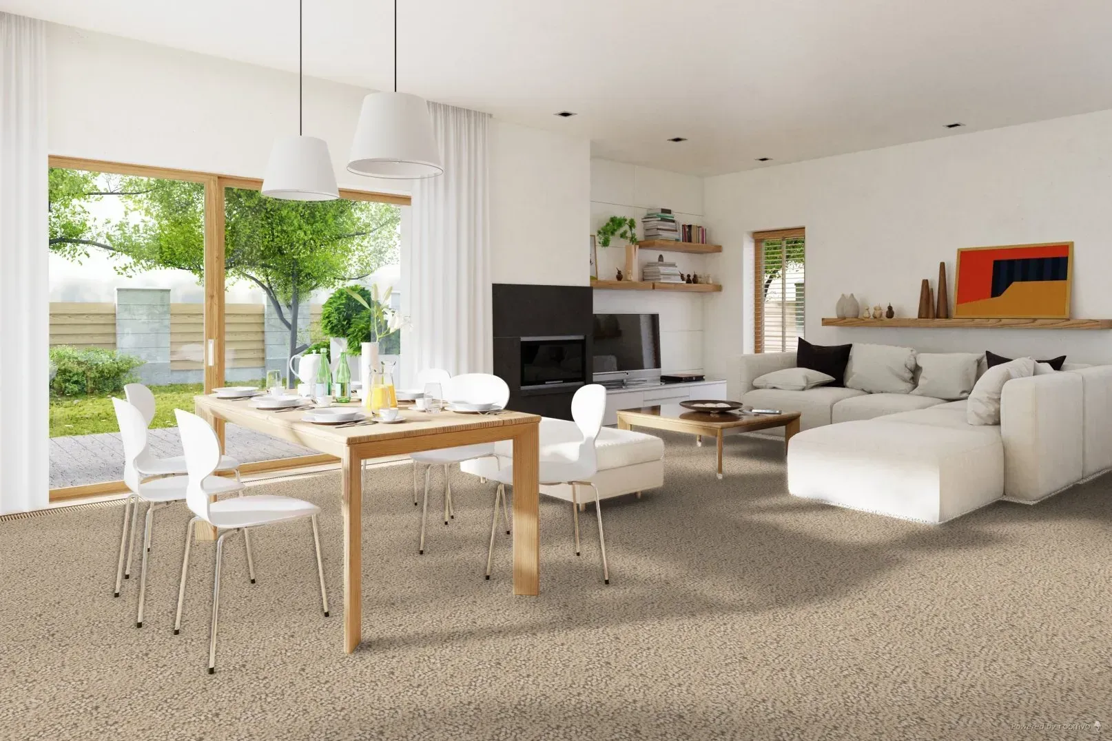A modern kitchen with wooden cabinets and a dining table, open to a green outdoor space.