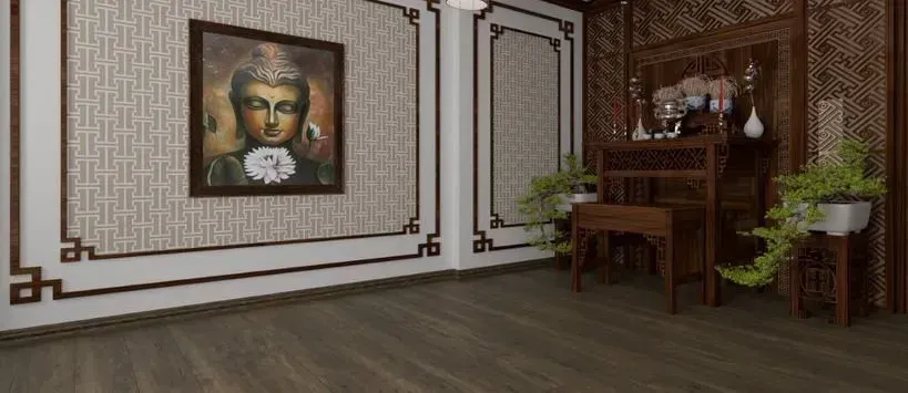 Interior with Buddha painting, wooden furniture, and plants.