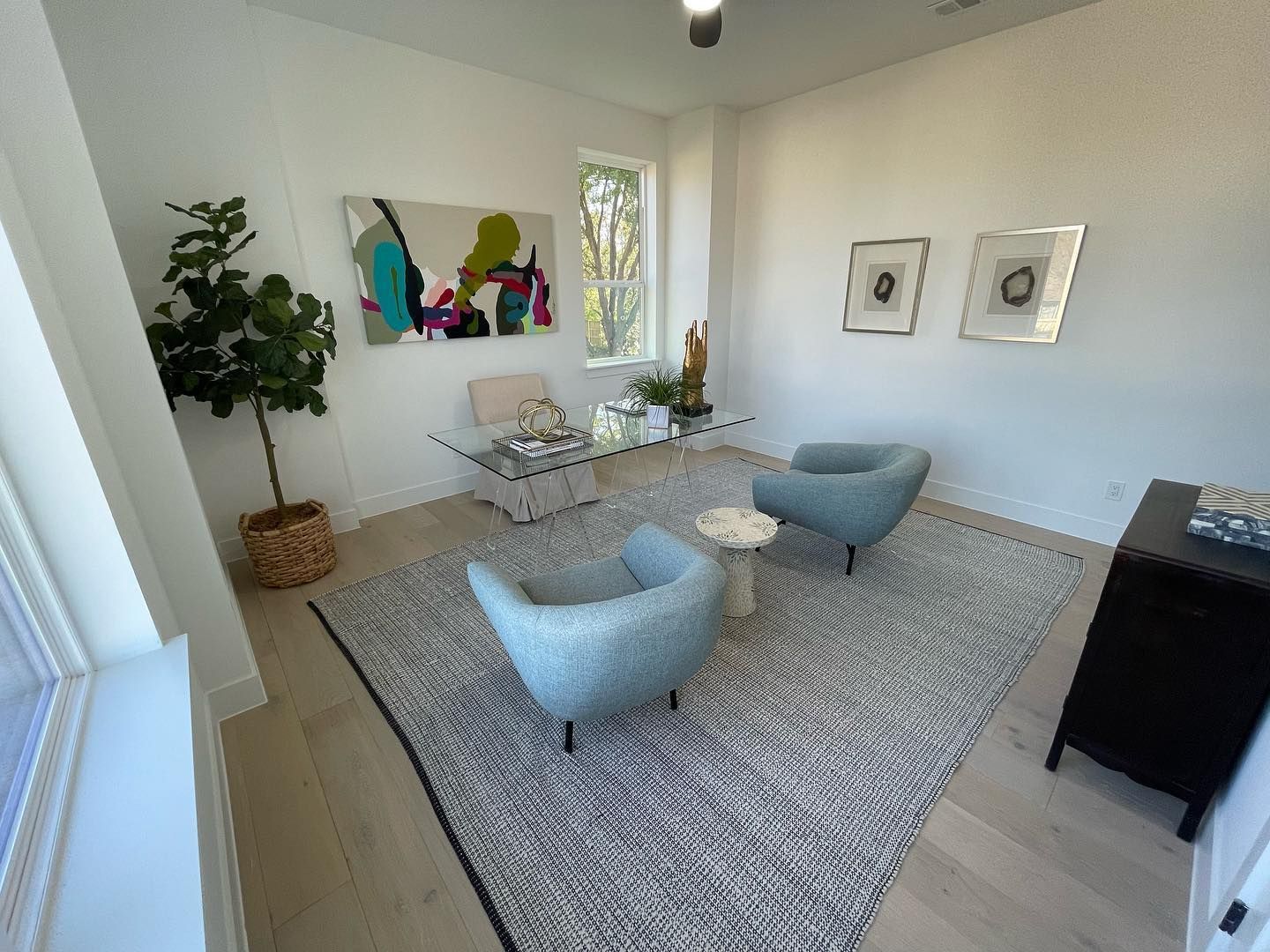 A light-filled office with blue chairs, a rug, art, a desk, and a potted tree.