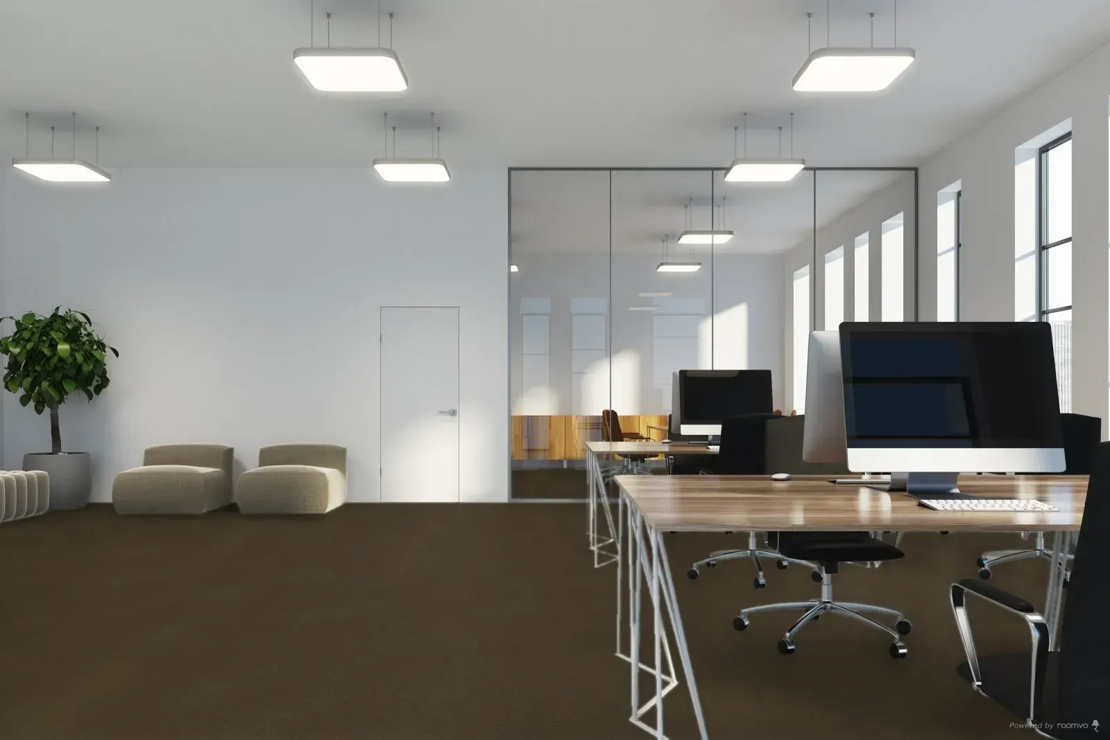 A modern kitchen with wooden cabinets and a dining table, open to a green outdoor space.
