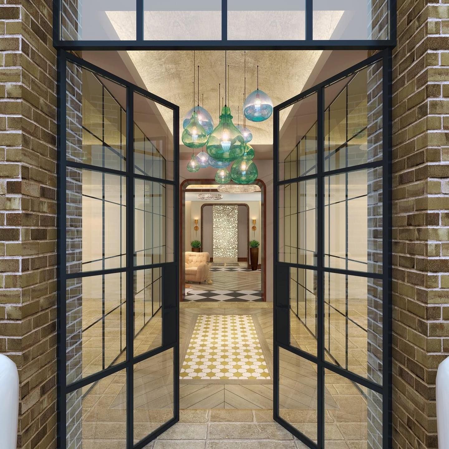 Open black-framed glass doors reveal a hallway with colorful hanging lights, tile flooring, and a decorative archway.