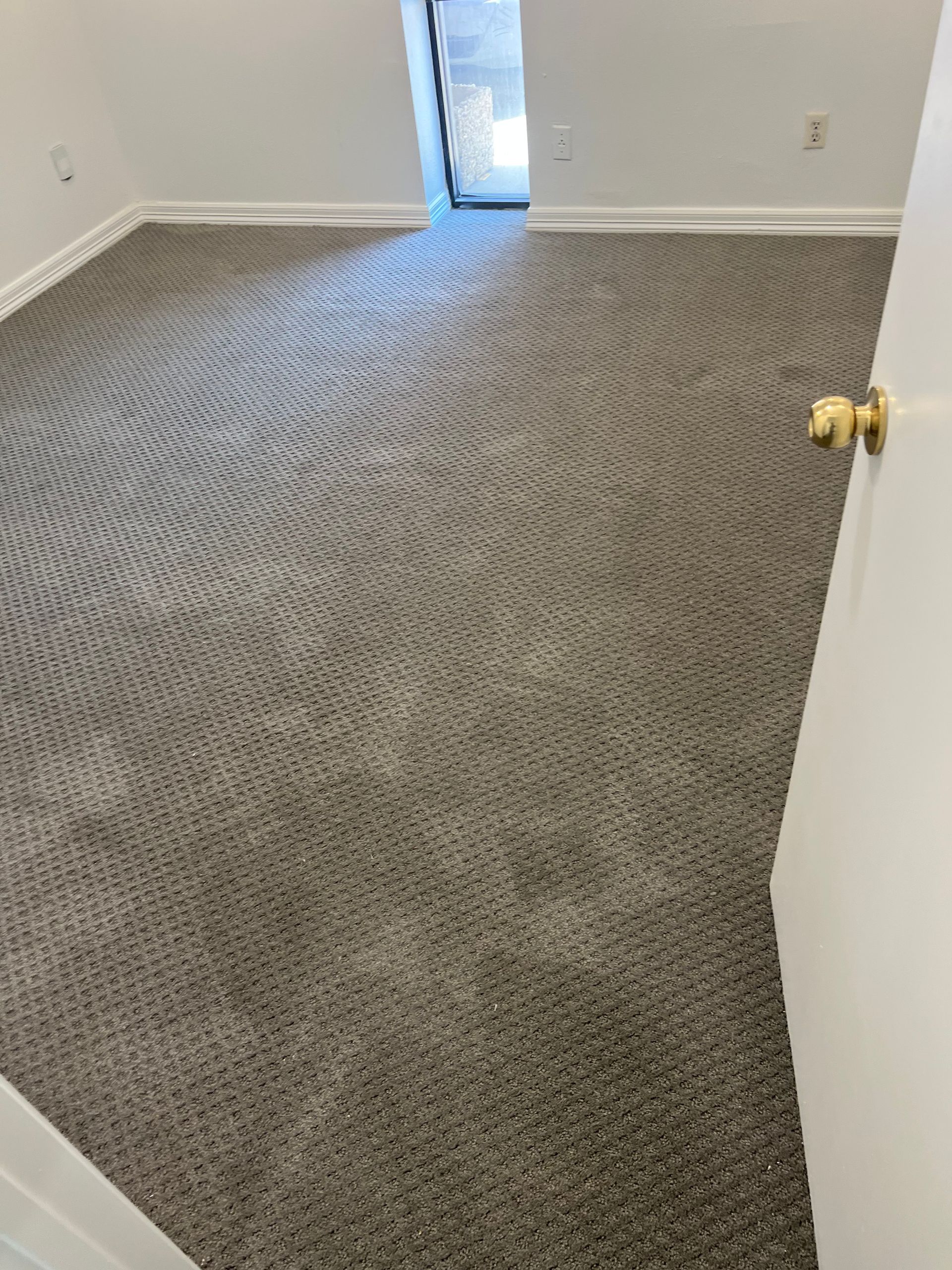 Gray carpeted bedroom with white trim and a door.
