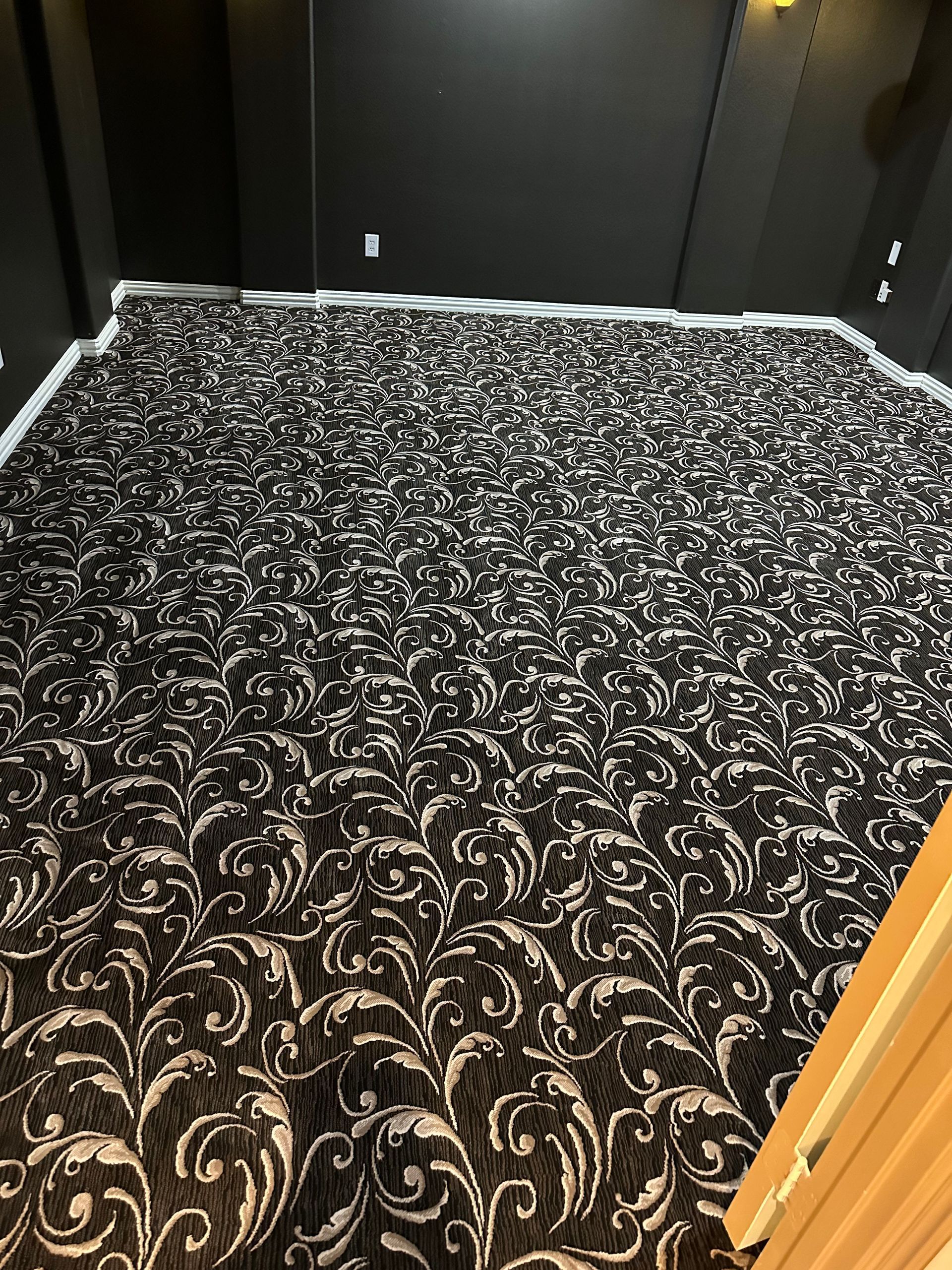 Black floral patterned carpet filling a room with black walls and trim.