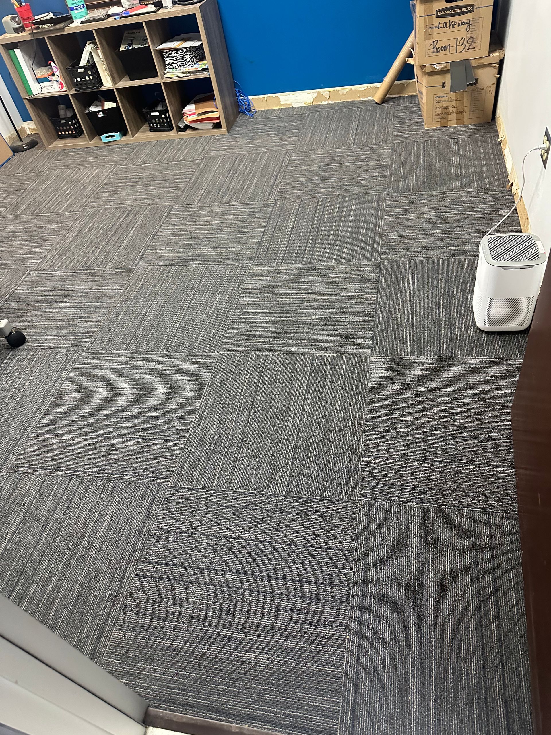 Gray carpeted floor in a room with shelves, blue wall, and a small white air purifier.
