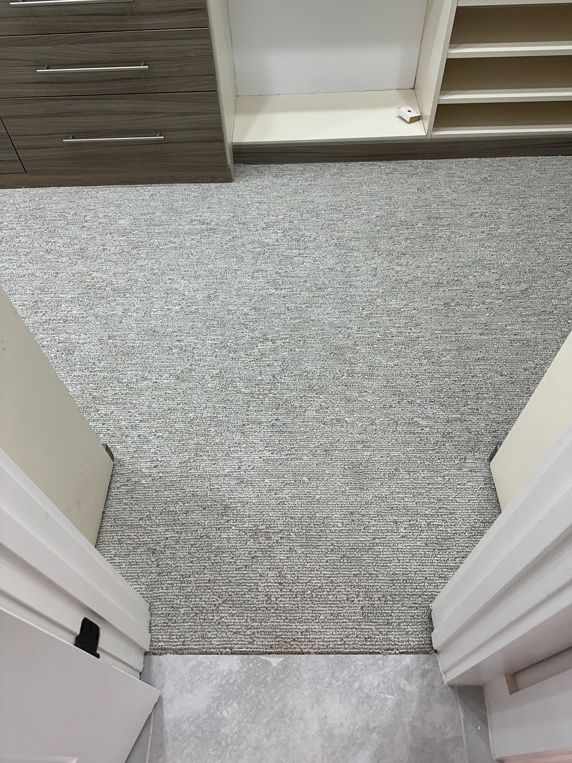 Light gray carpet in a closet, leading to a dark grey entryway. White trim and shelving are visible.
