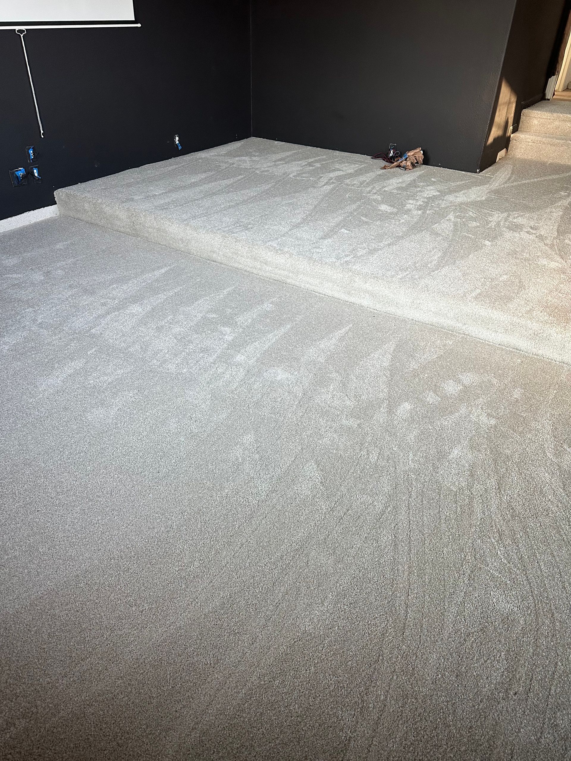 Gray carpeted room with black walls.
