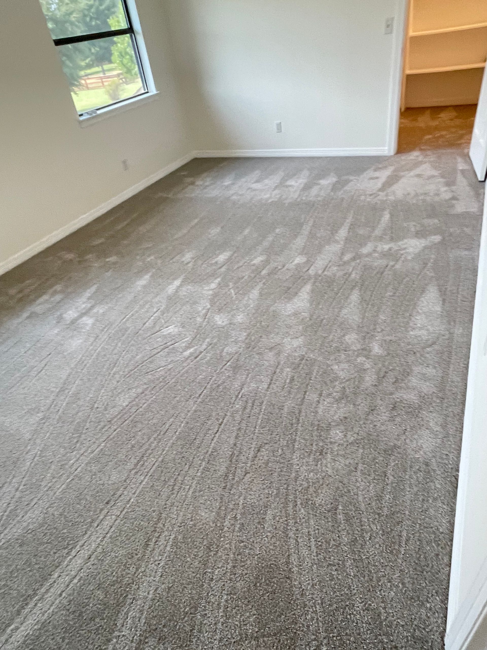 Empty room with light gray carpet and a window, ready for furnishing.