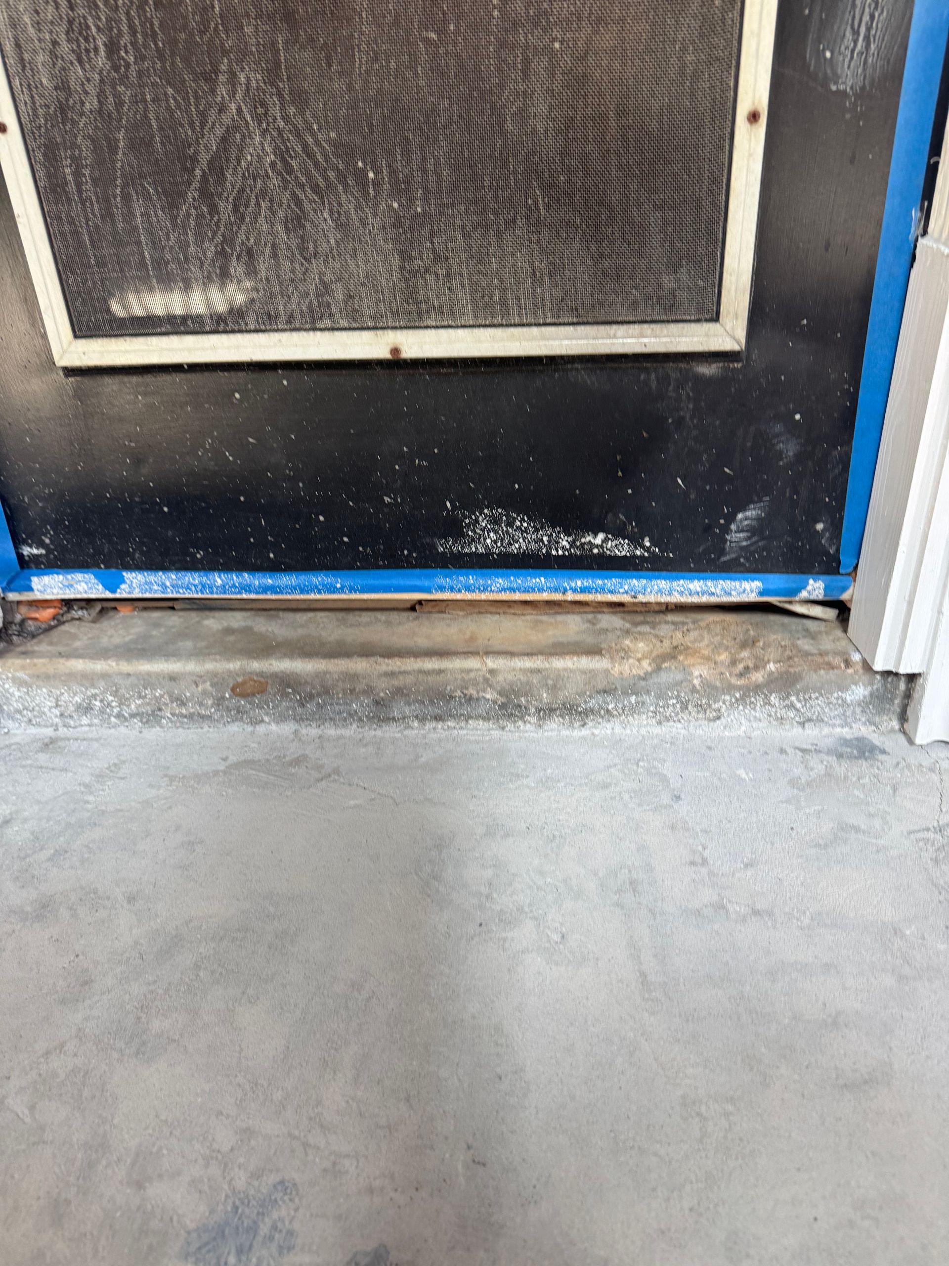 Close-up of a blue-framed door and screen against a concrete floor, likely an entrance.