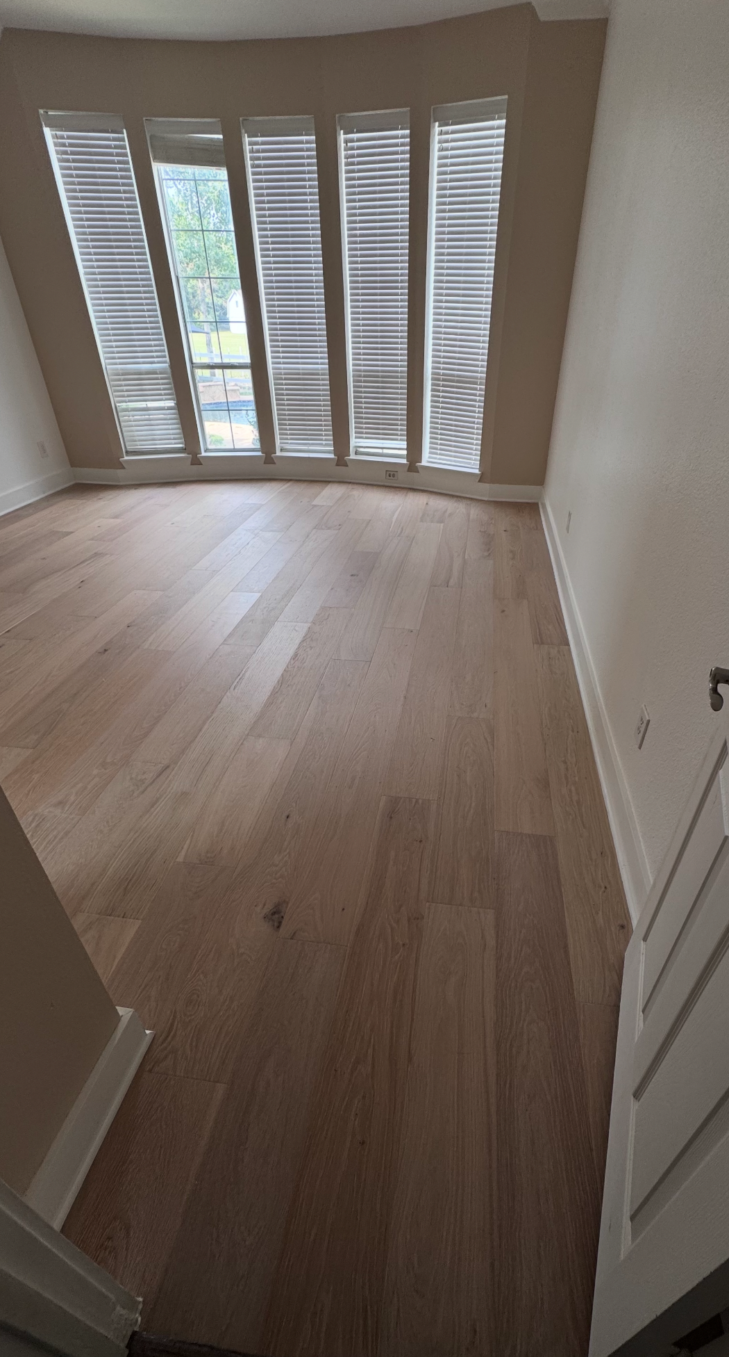 Light wood floor in room with large windows covered in protective film.