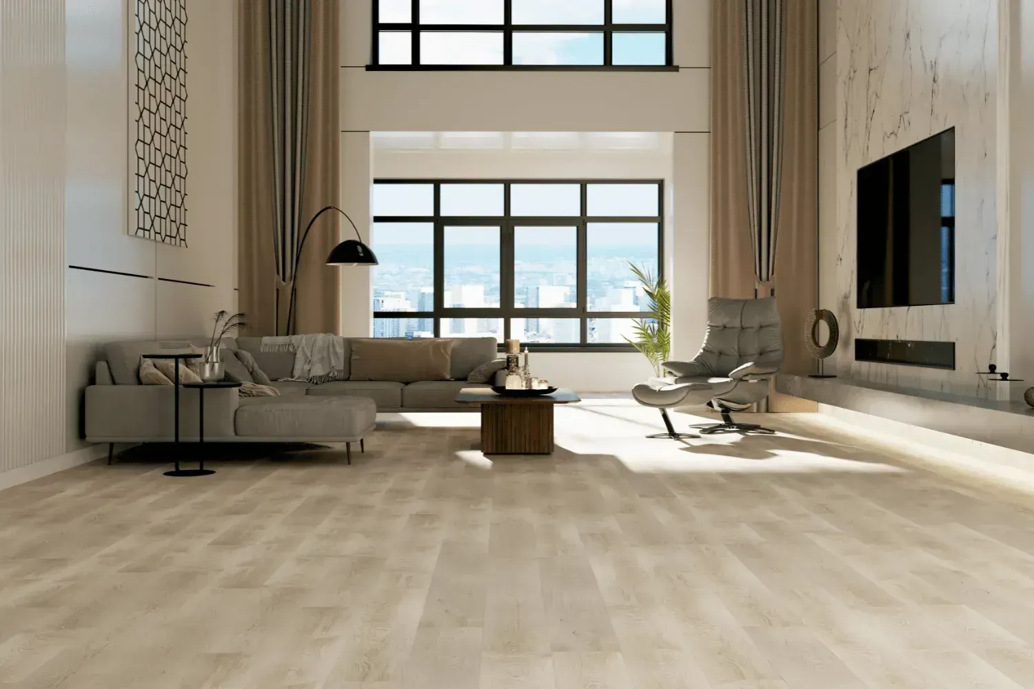 Spacious living room with large windows, a sectional sofa, armchair, and light wood floors.