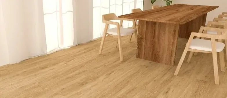 Wooden dining table with chairs in a bright, sunlit room.