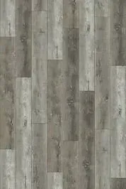 Gray wood-look flooring with vertical planks, varying tones for a distressed appearance.