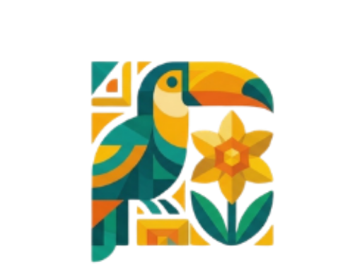Stylized toucan beside a yellow flower in green, teal, orange, and white geometric art