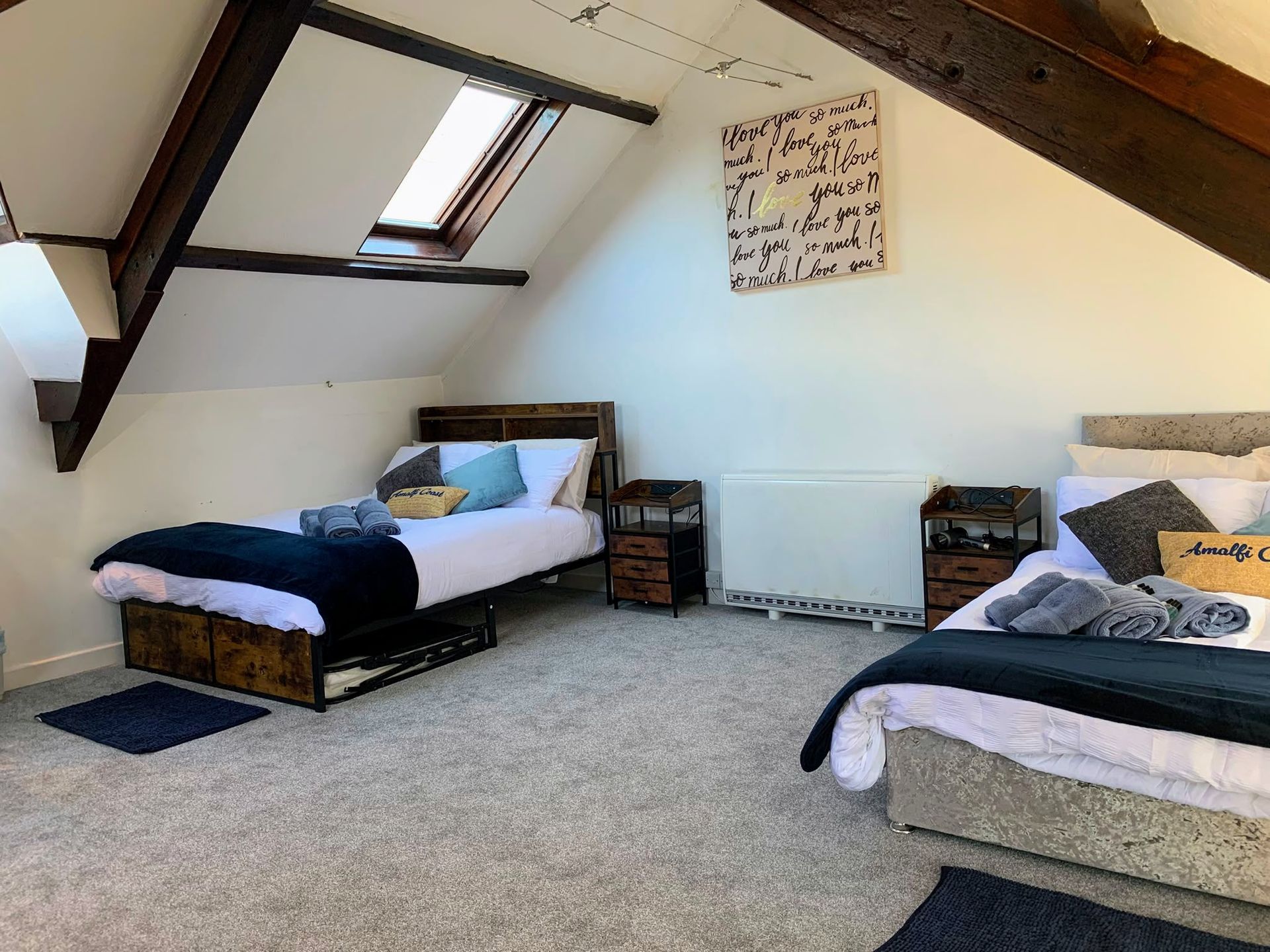 Attic bedroom with two single beds, skylight, gray carpet, and a radiator on the back wall