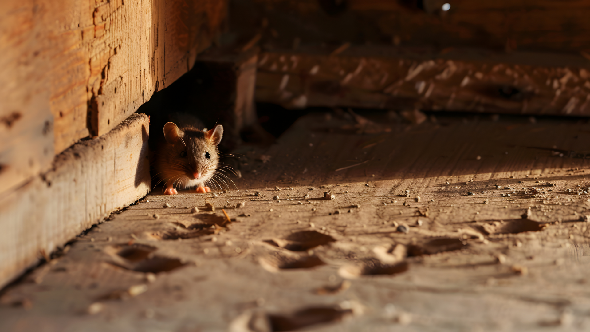 A small mouse peeks out from a hole in a wooden structure, lit by warm sunlight.