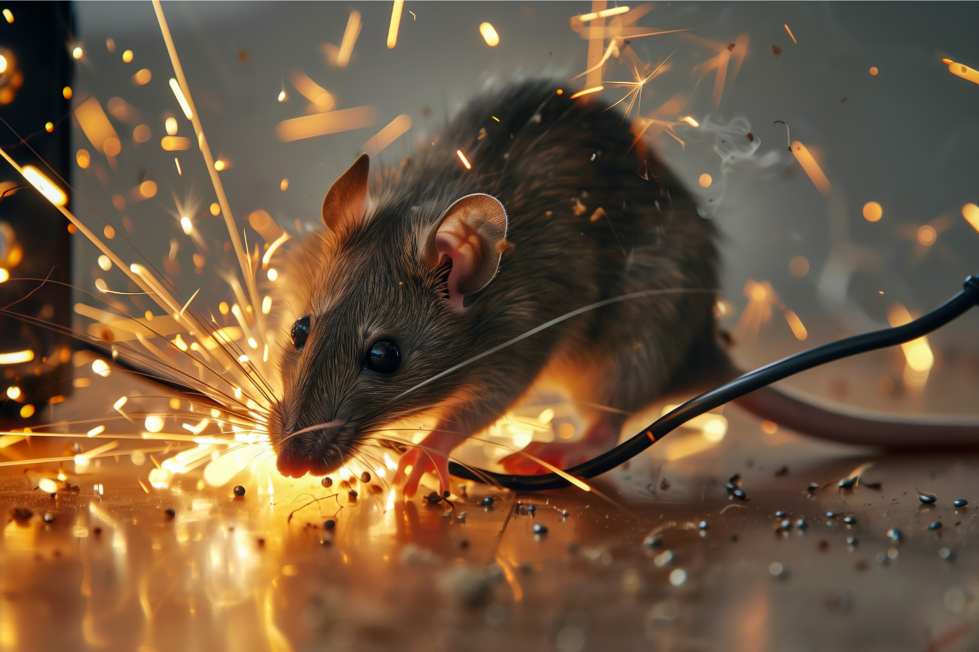 A rat is cutting a wire with sparks coming out of its mouth.