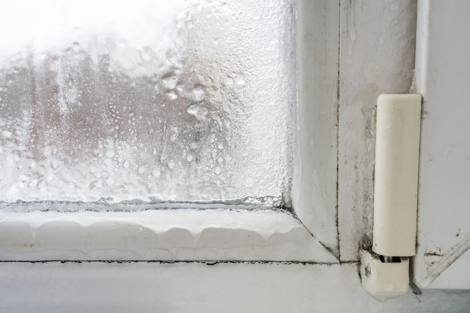 Moisture buildup along a window frame - showing how inadequate insulation can lead to condensation and heat loss. Laramie, WY