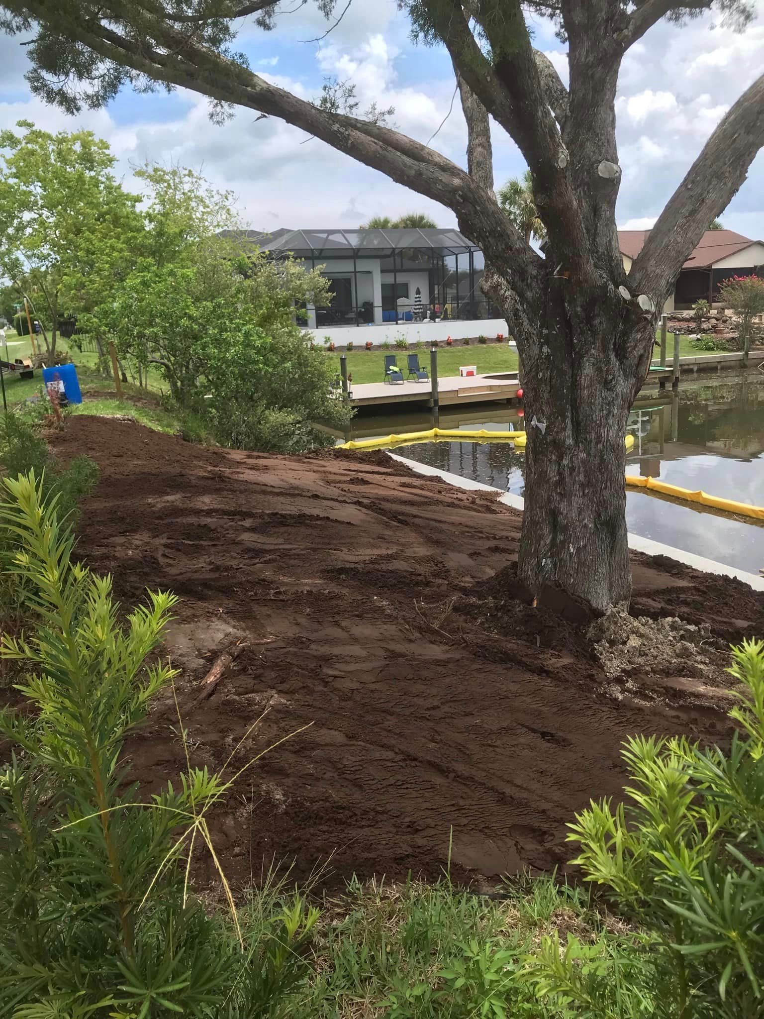 A pile of dirt is sitting next to a tree next to a body of water.