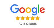 Logo Google Reviews avec cinq étoiles dorées ; texte « Avis Clients ».