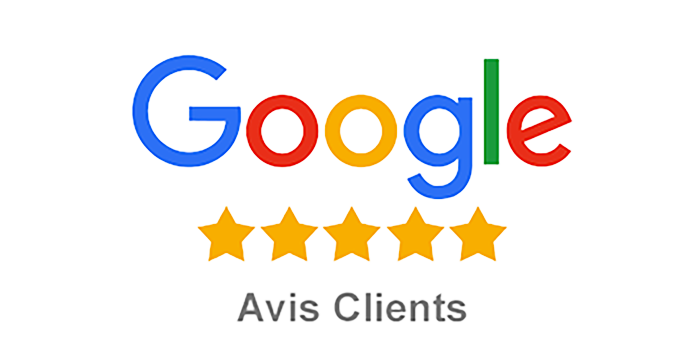 Logo Google Reviews avec cinq étoiles dorées ; texte « Avis Clients ».