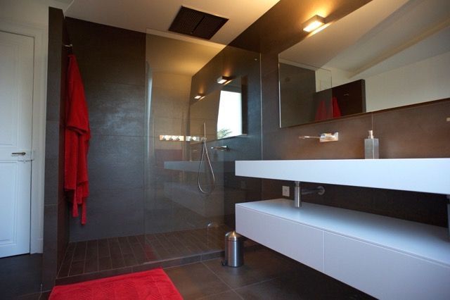 Une salle de bain avec un lavabo et une douche à l'italienne