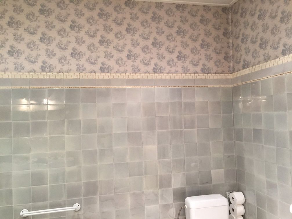 Une salle de bain avec toilettes, douche et serviettes en papier.