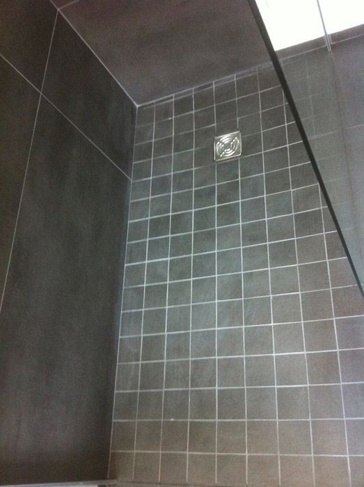 Une salle de bain avec du carrelage noir et un miroir