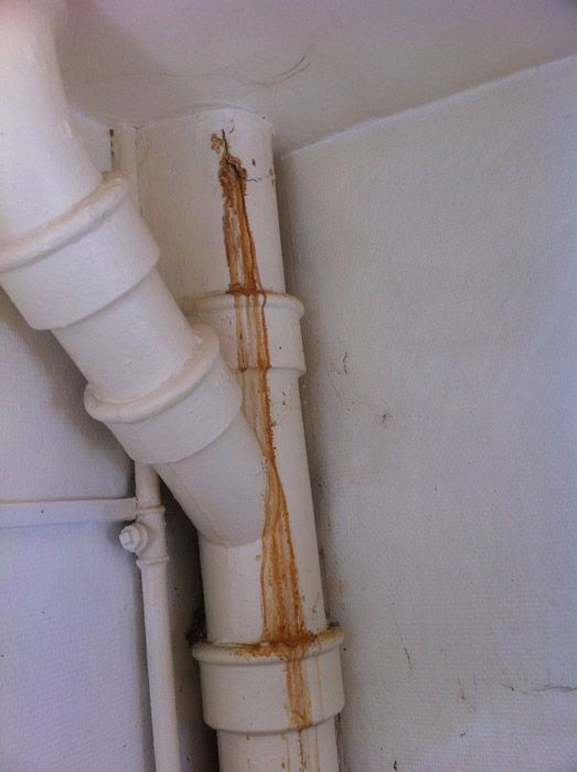 Un gros plan d'un tuyau blanc avec de la rouille qui en sort.