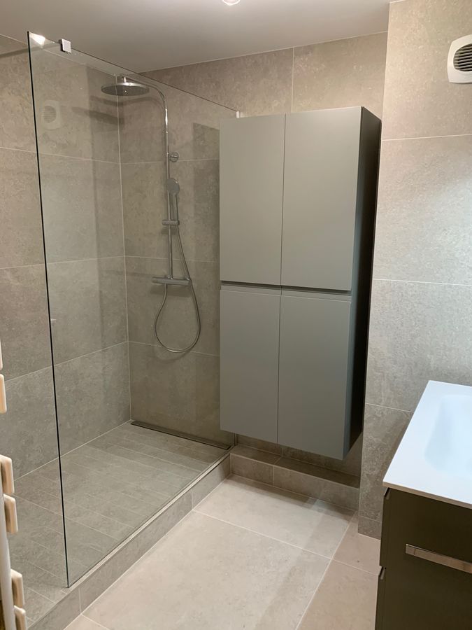 Une salle de bain avec une douche à l'italienne et un lavabo.