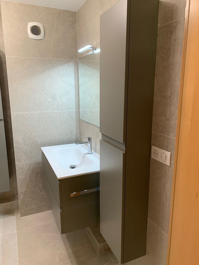 Une salle de bain avec un lavabo, un miroir et une armoire haute.