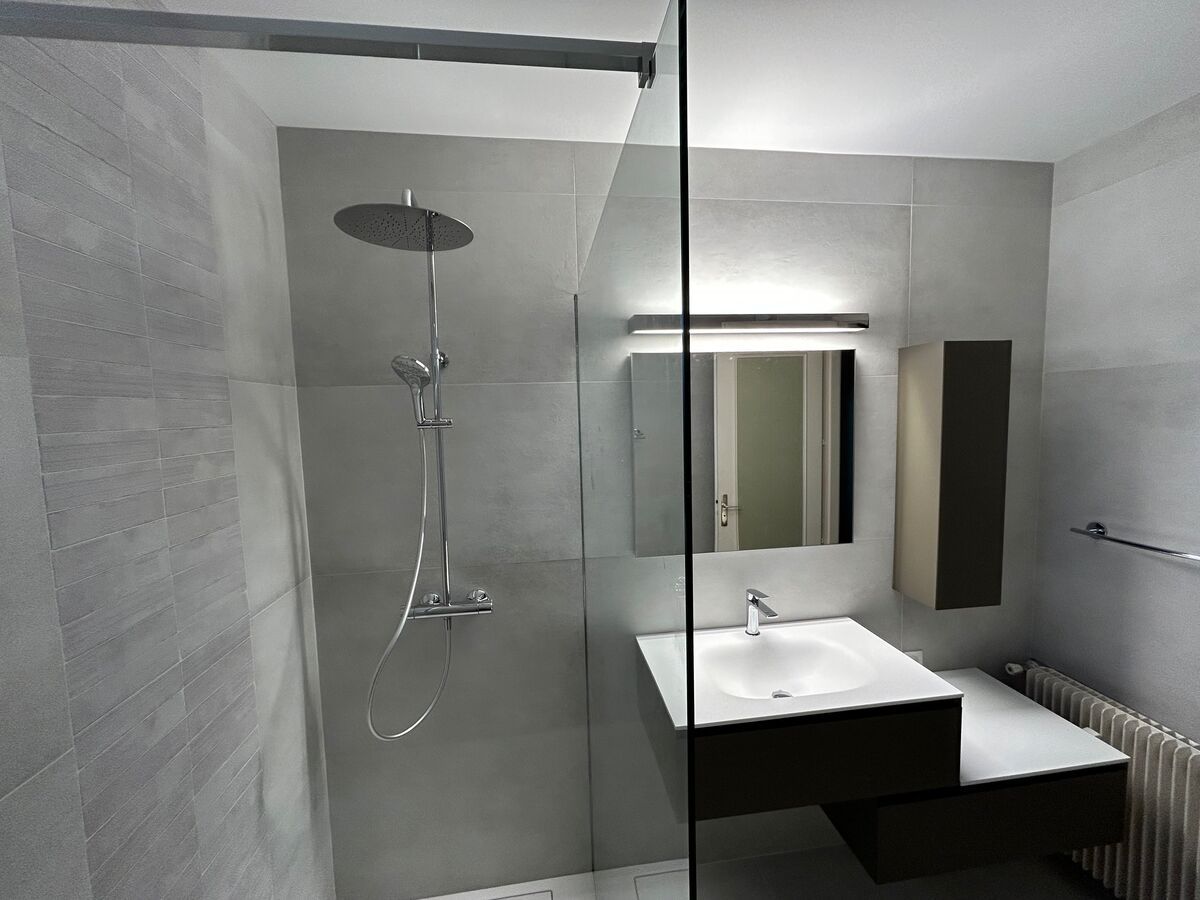 Une salle de bain avec une douche à l'italienne et un lavabo