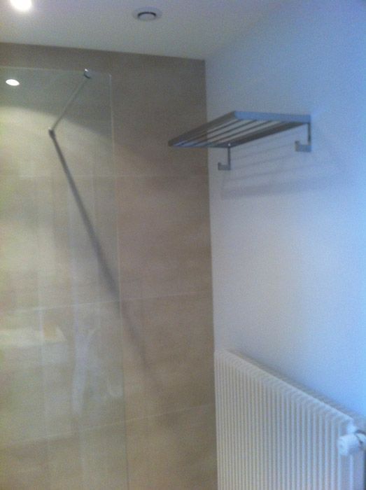 Une salle de bain avec douche à l'italienne et radiateur.