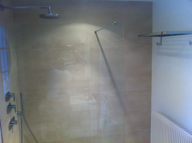 Une salle de bain avec douche à l'italienne et radiateur.