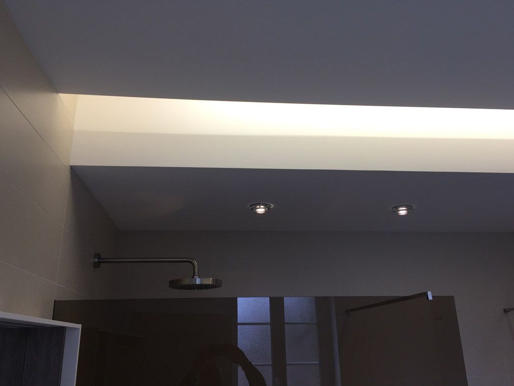 Une salle de bain avec une pomme de douche et une lumière au plafond.