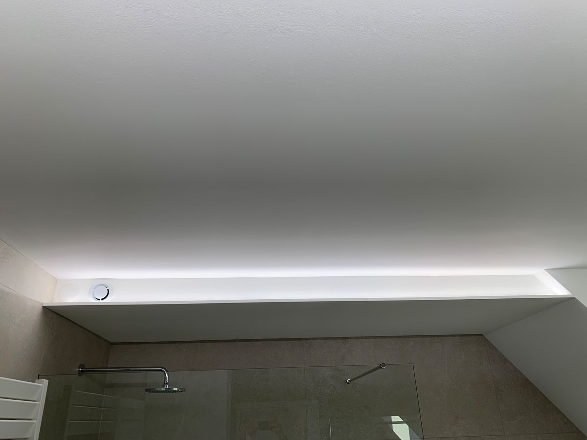 Une salle de bain avec douche et un plafond blanc.