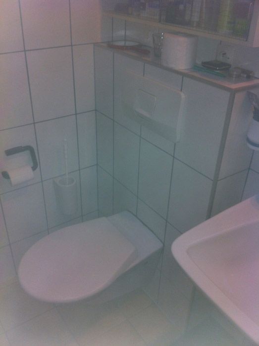 Une salle de bain avec des toilettes et un lavabo