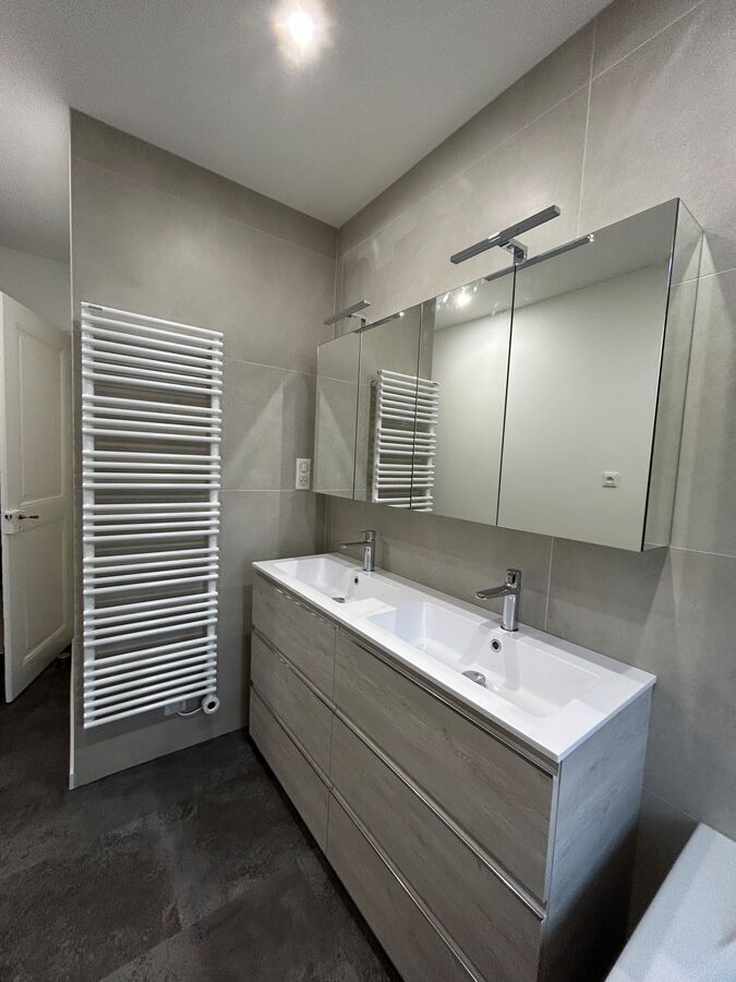 Une salle de bain avec deux lavabos, un porte-serviettes et un miroir.