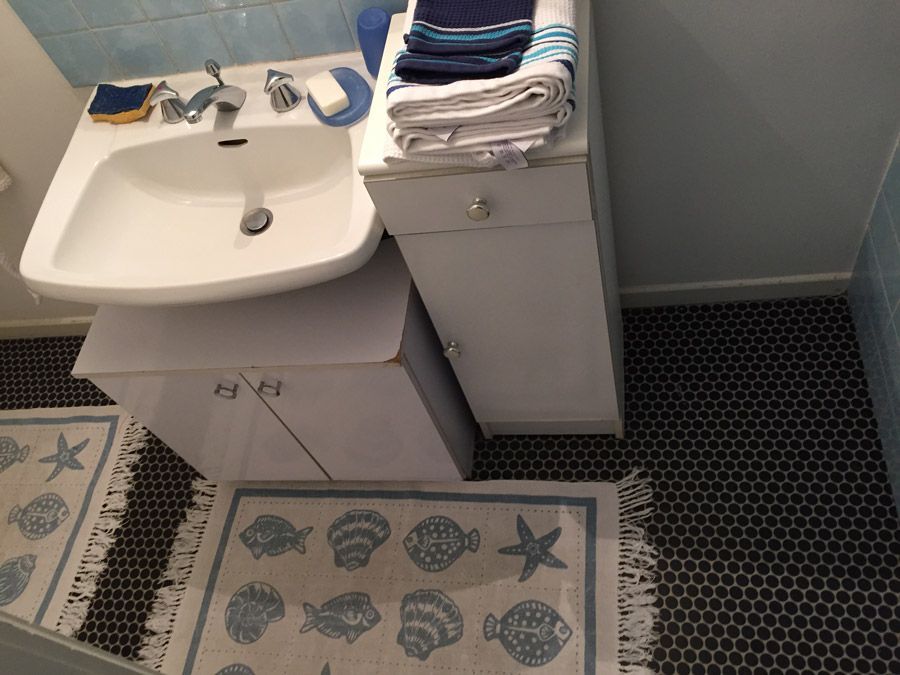 Une salle de bain avec un lavabo et un tapis avec des coquillages dessus