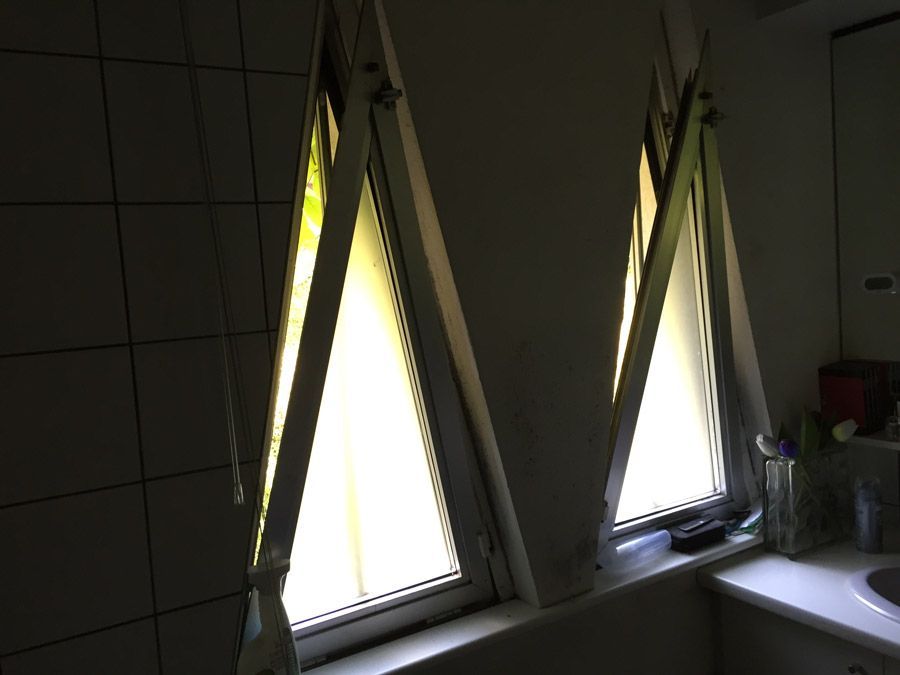 Une salle de bain avec deux fenêtres triangulaires et un lavabo