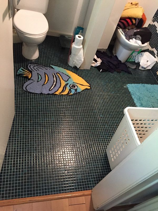 Une salle de bain avec un tapis de poisson sur le sol