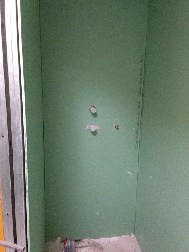 Une salle de bain en construction avec des murs végétalisés et un WC.