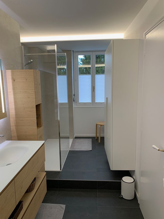 Une salle de bain avec lavabo, miroir et douche à l'italienne.