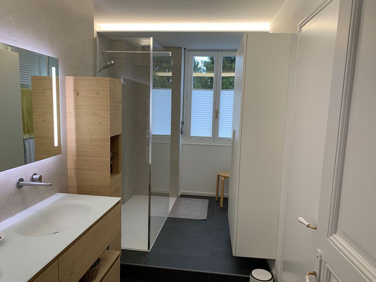 Une salle de bain avec lavabo, miroir et douche à l'italienne.