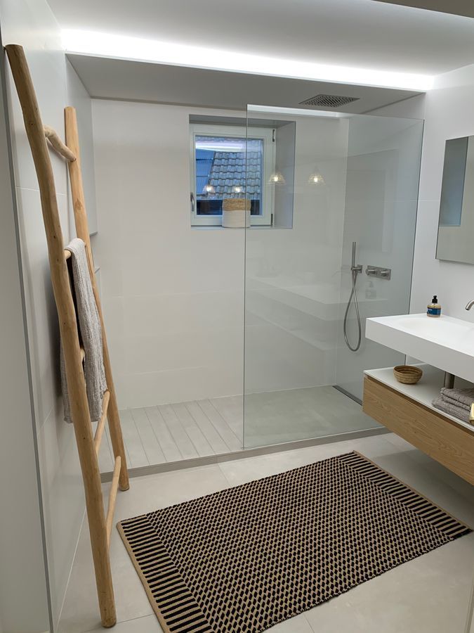 Une salle de bain avec une douche à l'italienne et un lavabo