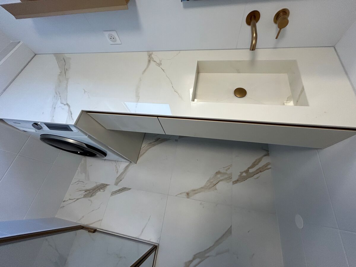 Une salle de bain avec un lavabo et une machine à laver