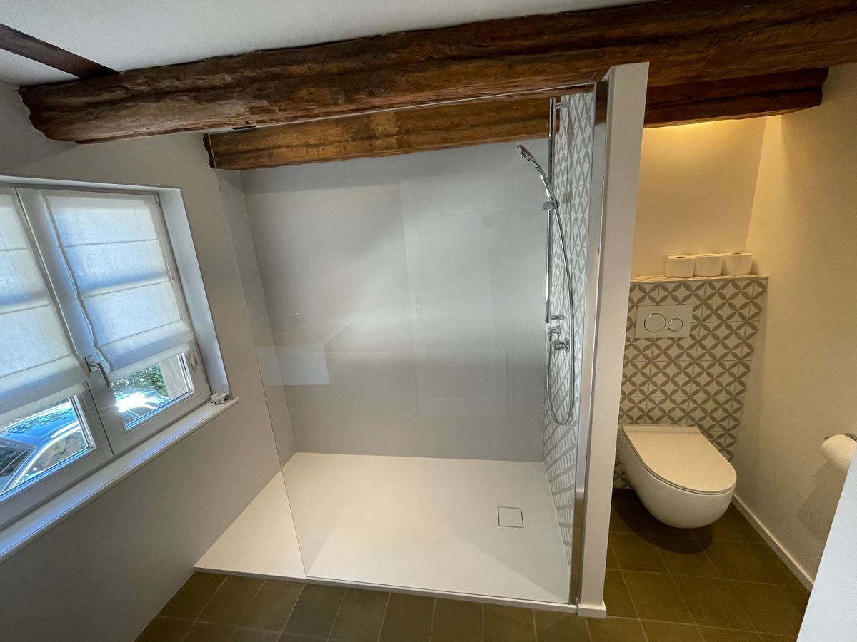 Une salle de bain avec douche à l'italienne et WC.