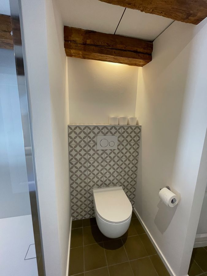 Une salle de bain avec WC et porte-serviettes en papier.