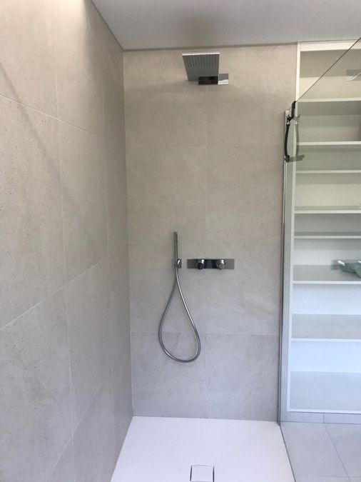 Une salle de bain avec douche et un placard.