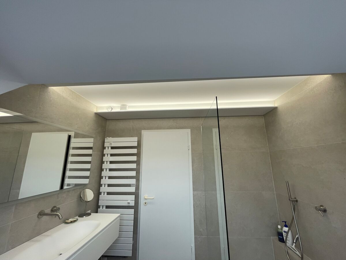 Une salle de bain avec un lavabo, un miroir et une douche à l'italienne