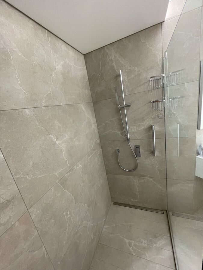 Une salle de bain avec une douche à l'italienne et un lavabo.